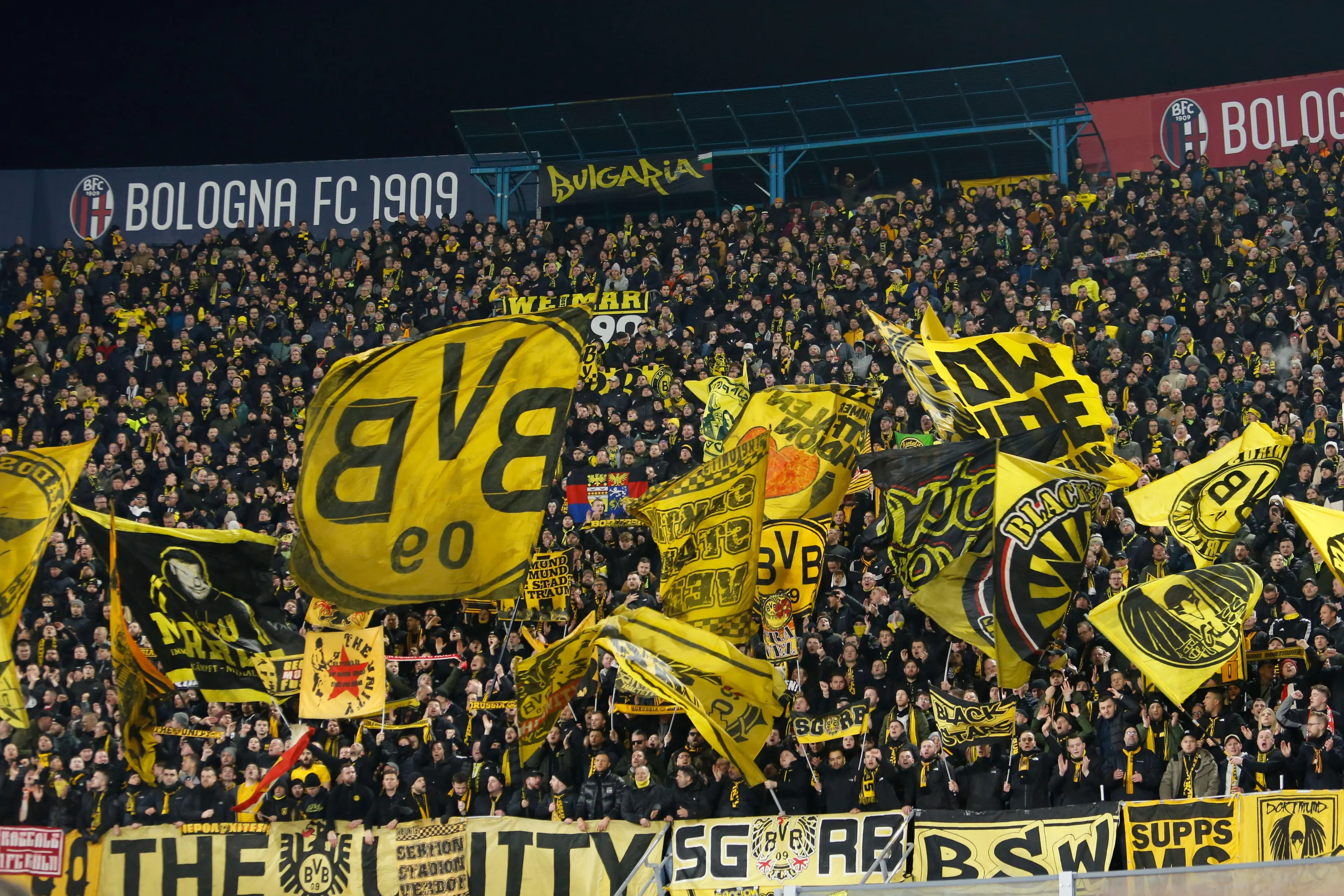 Borussia Fans during the IUefa Champions League, 2024/25 season, football match between Bologna FC 1909 and Borussia Dortmund