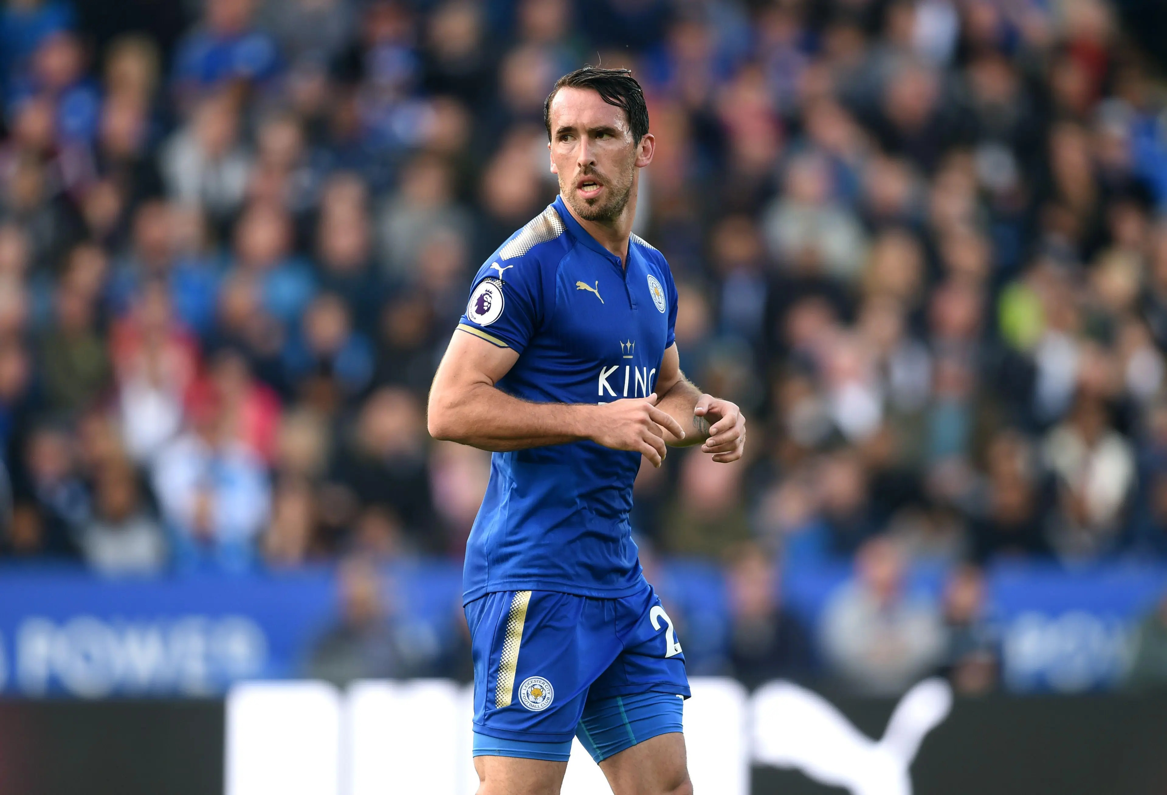 Christian Fuchs playing football for Leicester City in the Premier League