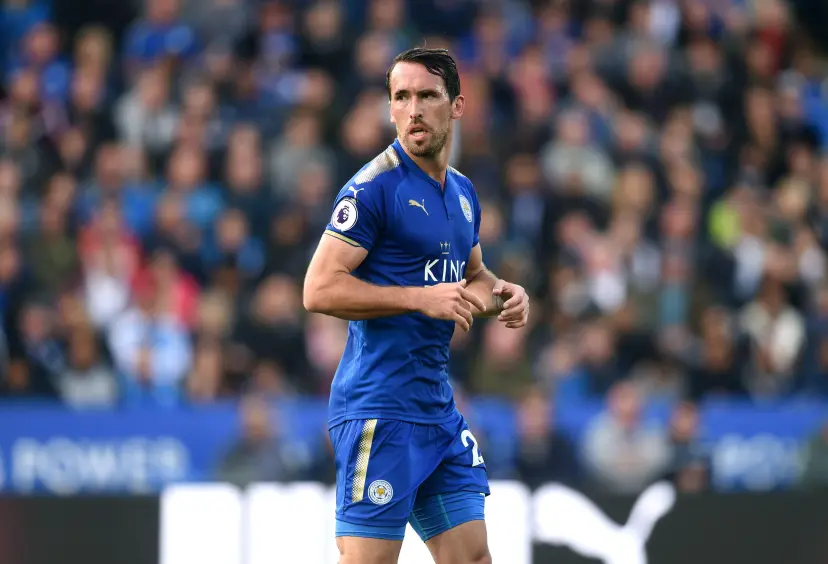 Christian Fuchs playing football for Leicester City in the Premier League