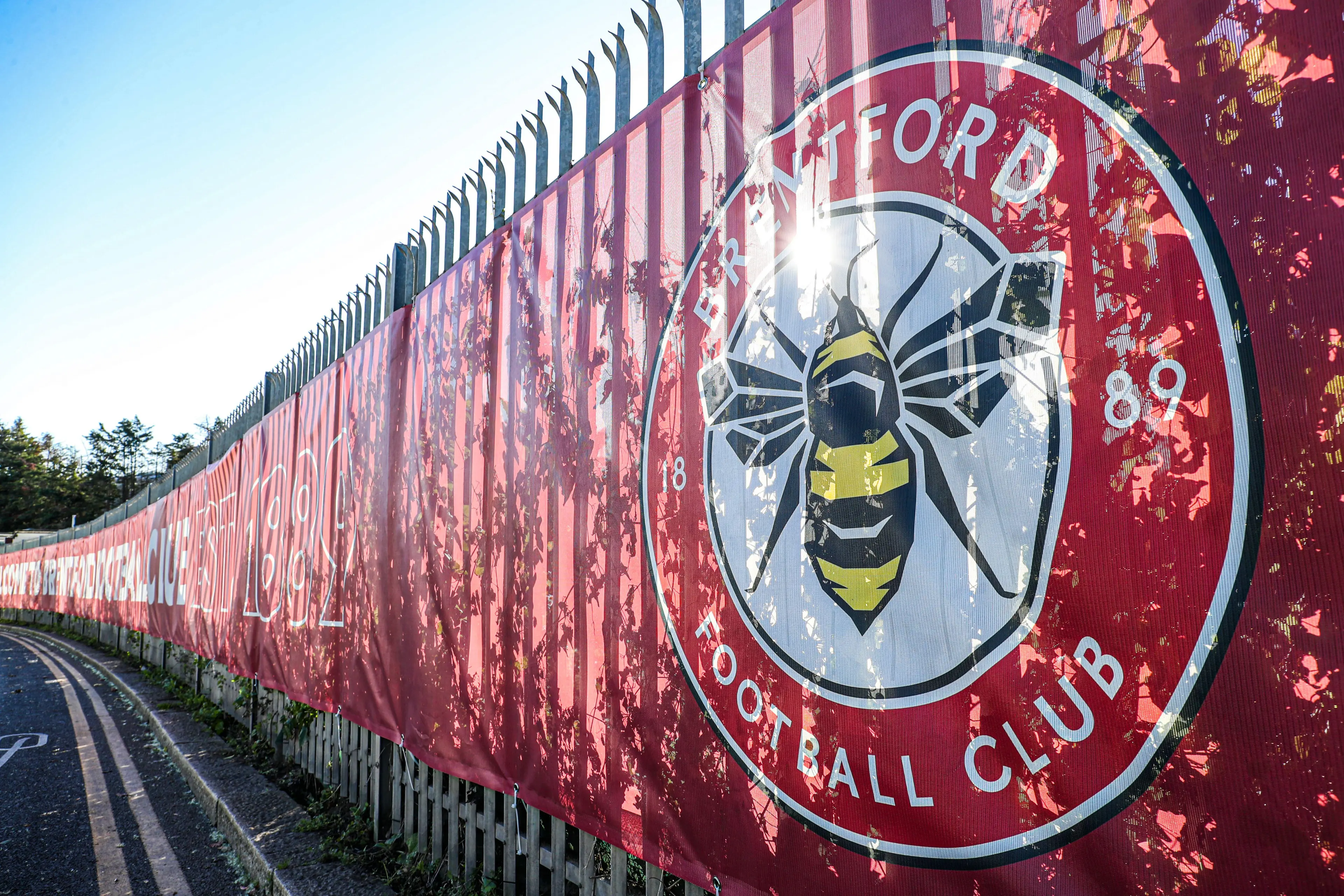 General view of a Brentford badge outside the ground before the Premier League match at Brentford Community Stadium, London