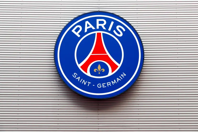 PSG logo on the wall of Parc des Princes in Paris, France