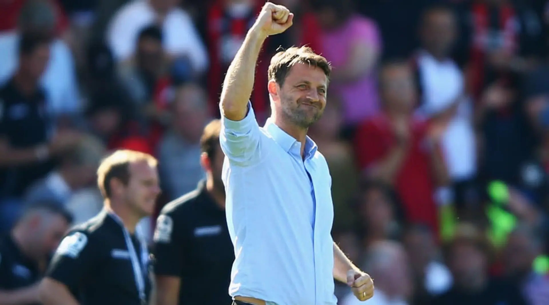 Tim Sherwood celebrates an Aston Villa victory at Bournemouth