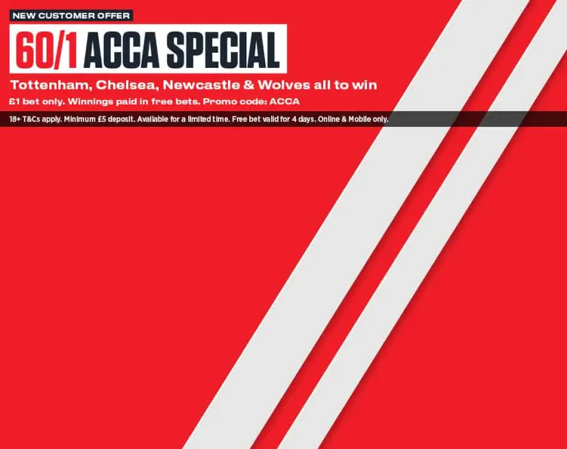New Customer odds, Acca odds, 60/1 Saturday acca odds