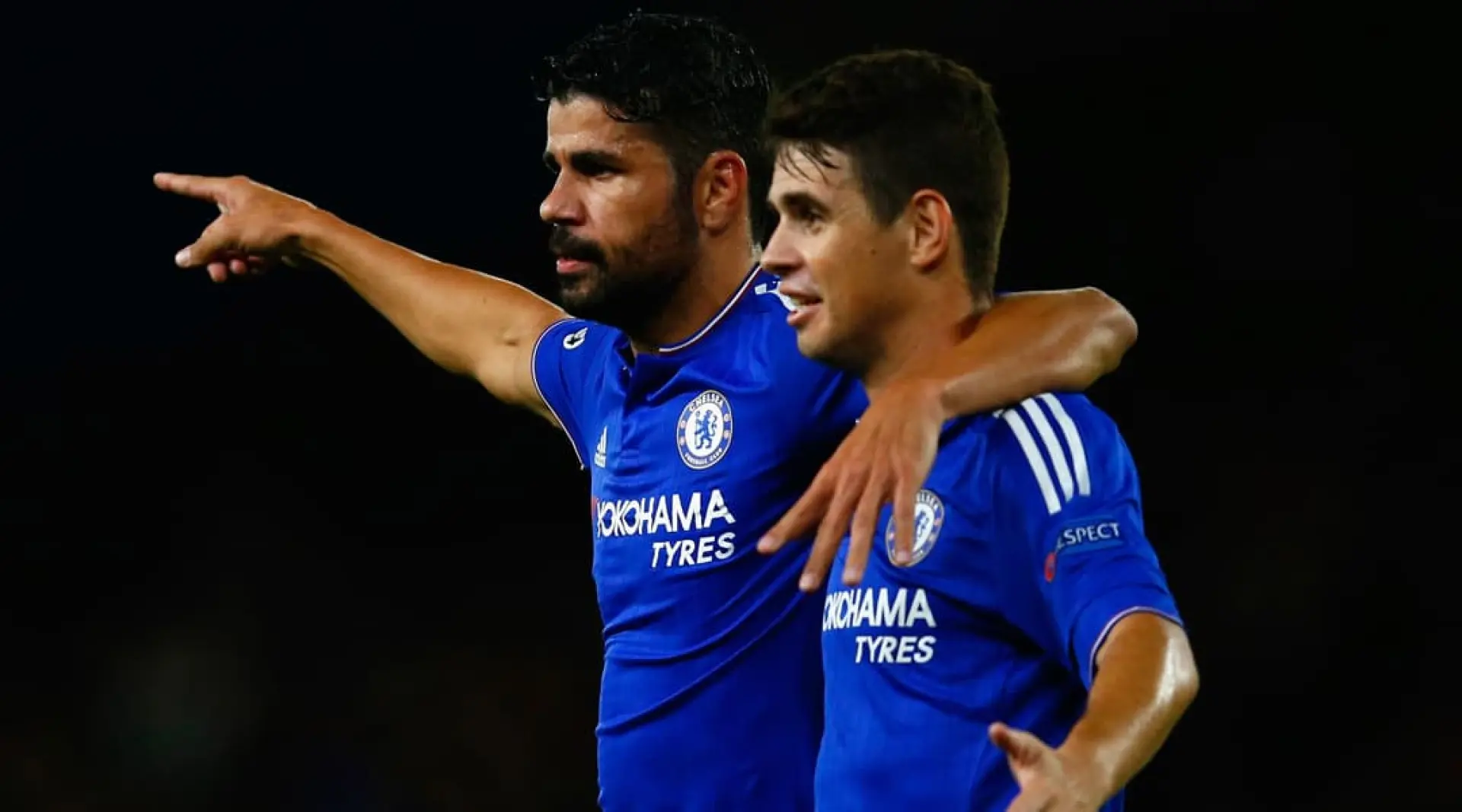 Diego Costa and Oscar celebrate for Chelsea against Maccabi Tel Aviv