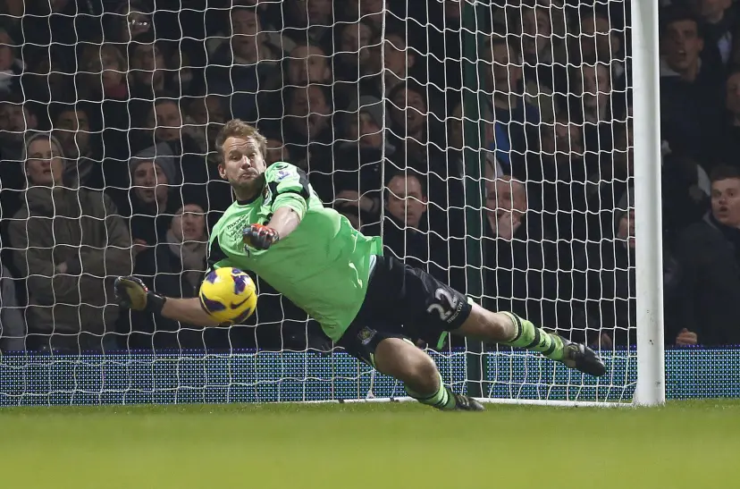 West Ham's Jussi Jaaskelainen makes another great save during the Barclays Premier League match