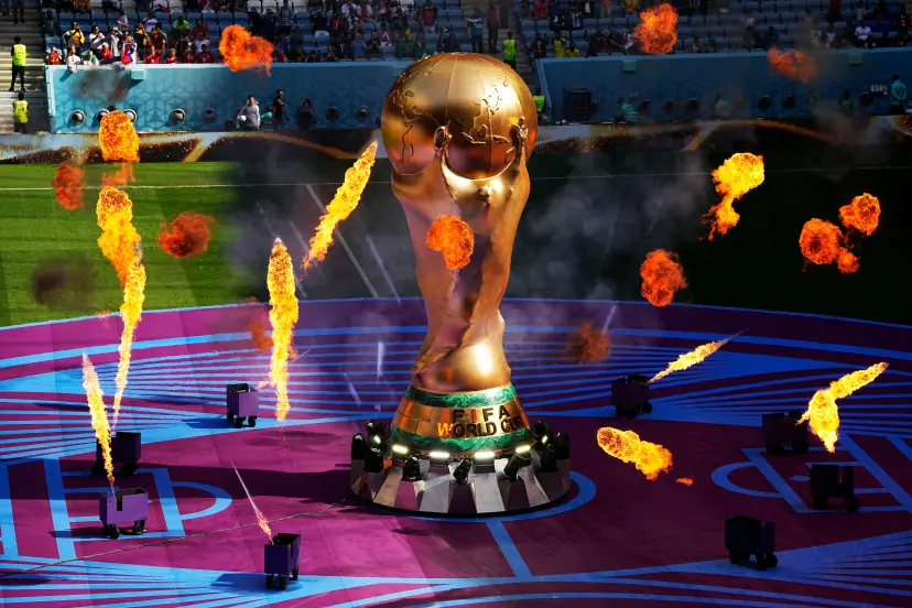 A giant copy of the trophy is displayed prior to the World Cup group G soccer match between Cameroon and Serbia, at the Al Janoub Stadium in Al Wakrah, Qatar, Nov. 28, 2022