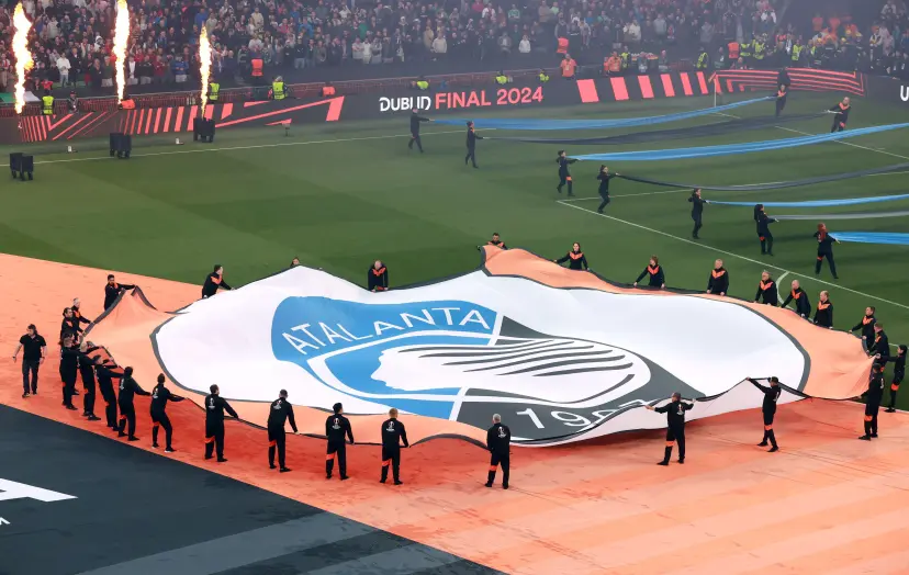 A general view of a large banner with the Atalanta badge ahead of the UEFA Europa League final at the Aviva Stadium