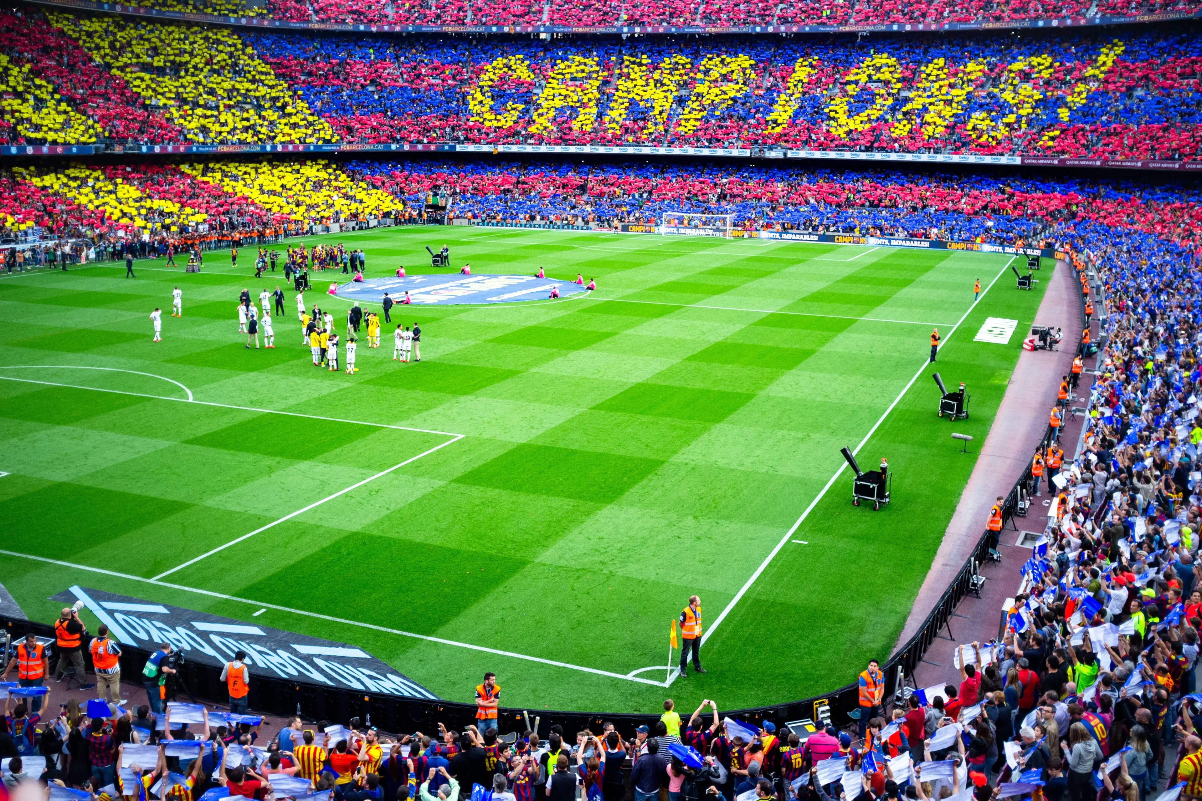 Barcelona fans at Camp Nou celebrate winning the La Liga title in style with club colours. The final game of the La Liga 2014-15 season in Spain between Barcelona FC and Deportivo de La Coruna at Camp Nou, Barcelona on May 23 2015