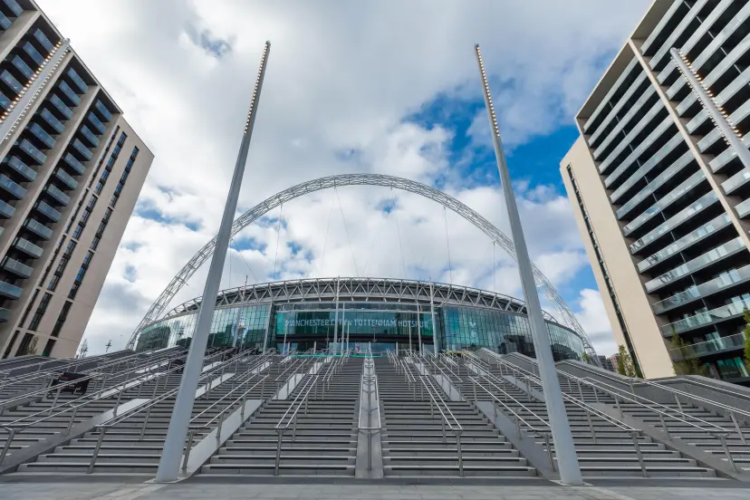 Wembley Park, London, UK. 25th Apr, 2021. 8,000 spectators are expected at Wembley Stadium this afternoon for the Carabao Cup Final. Todays match, Manchester City vs Tottenham Hostpur, will be the largest crowd to attend a sporting event in a major British stadium for more than 12 months