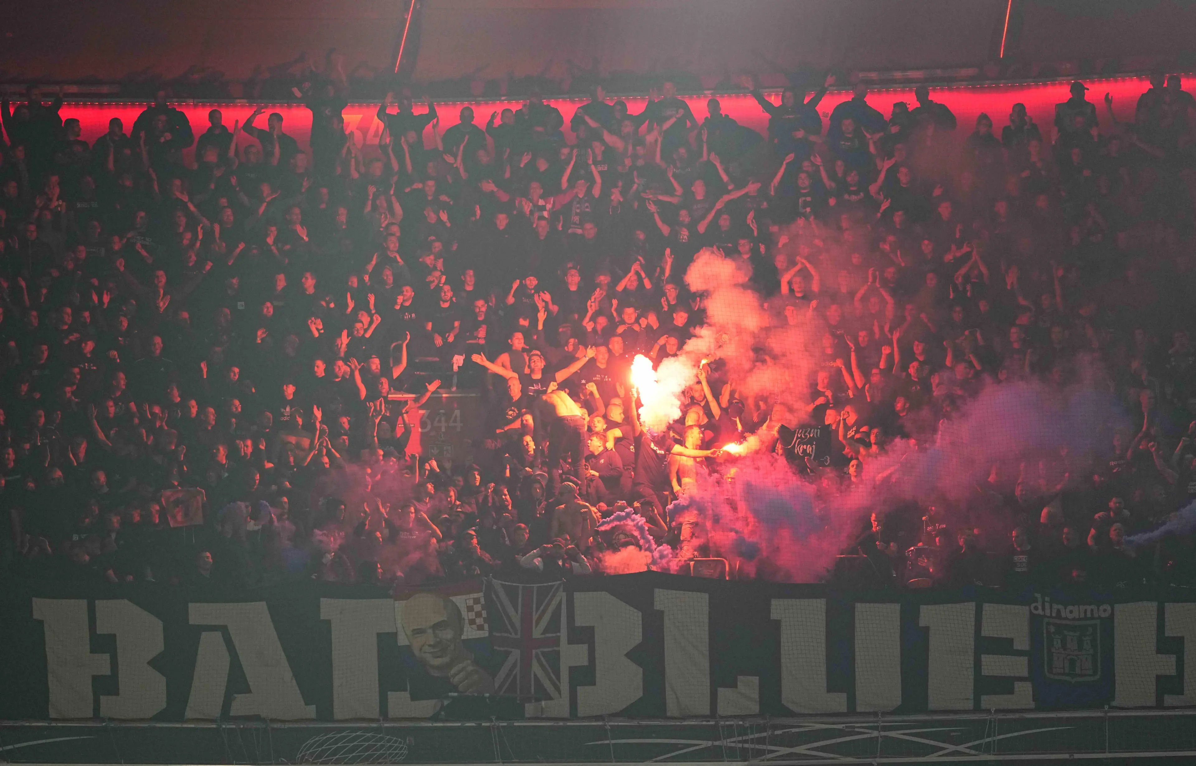2y4g883GNK Dinamo fans during a Champions League Round 1 game, Bayern Munich versus GNK Dinamo, at Allianz Areana, Munich, Germany