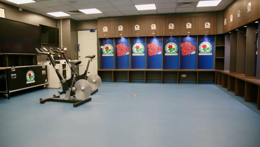 A view inside the changing rooms at Ewood Park, home to Blackburn Rovers Football Club, Blackburn, Lancashire, United Kingdom, Europe