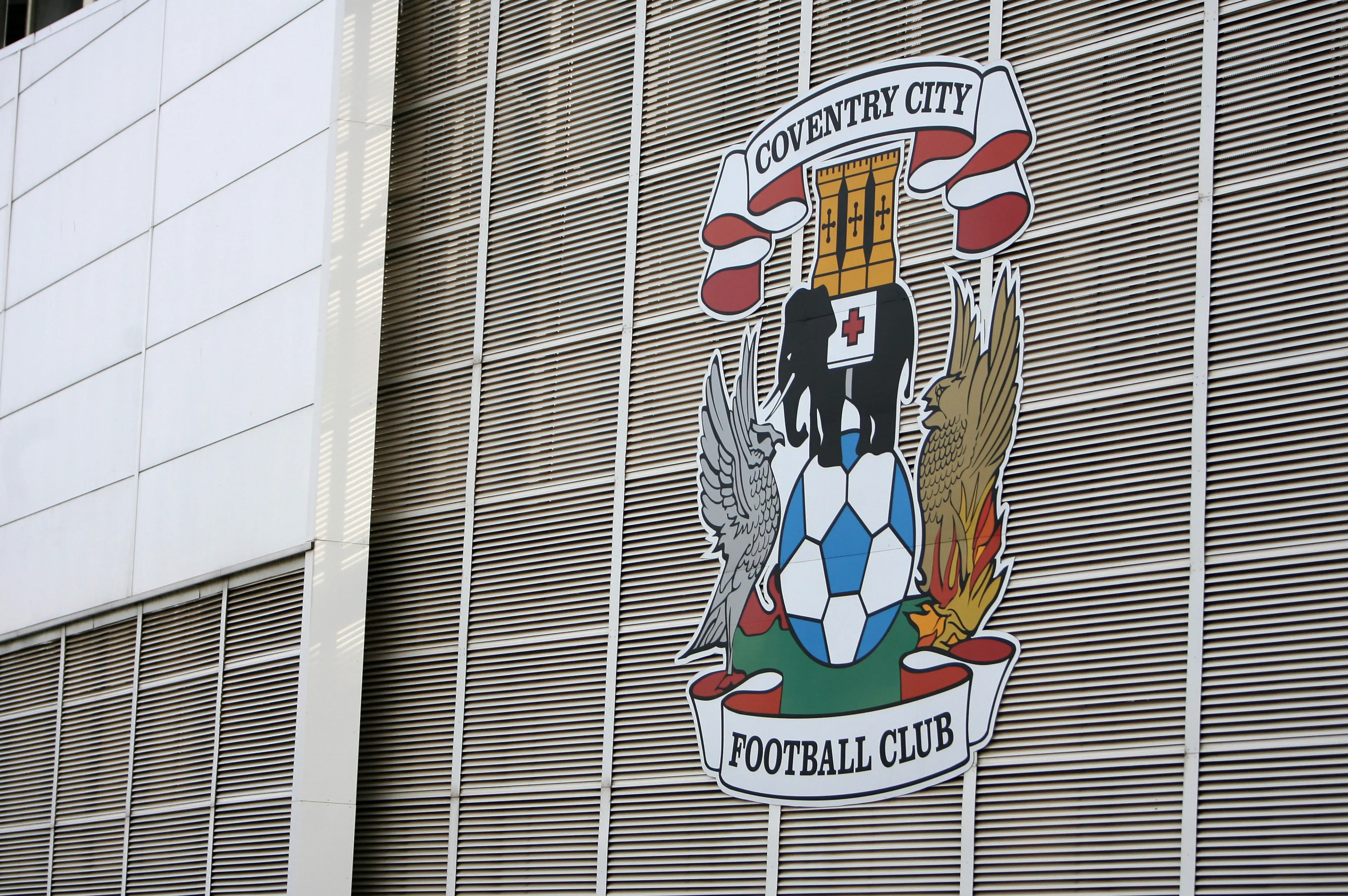 General view of he Coventry City logo on the side of the Ricoh Arena