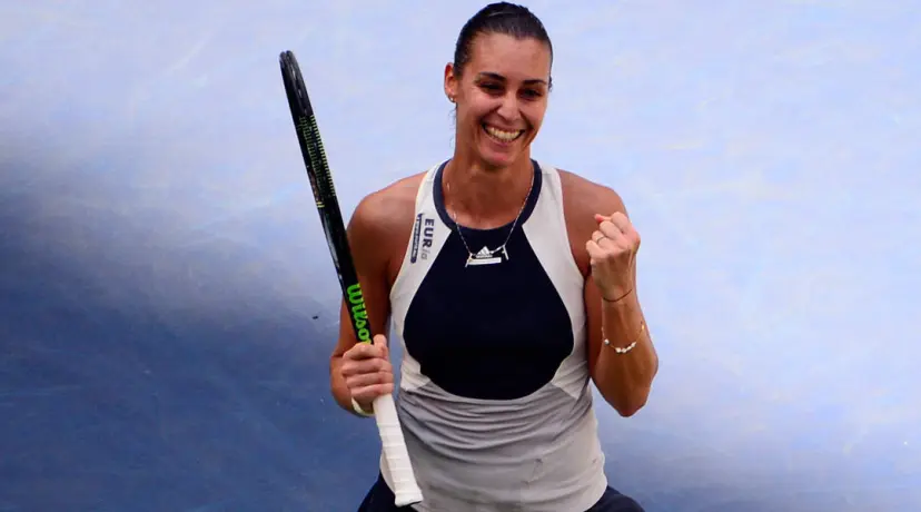 Flavia Pennetta celebrates against Petra Kvitova at US Open 2015