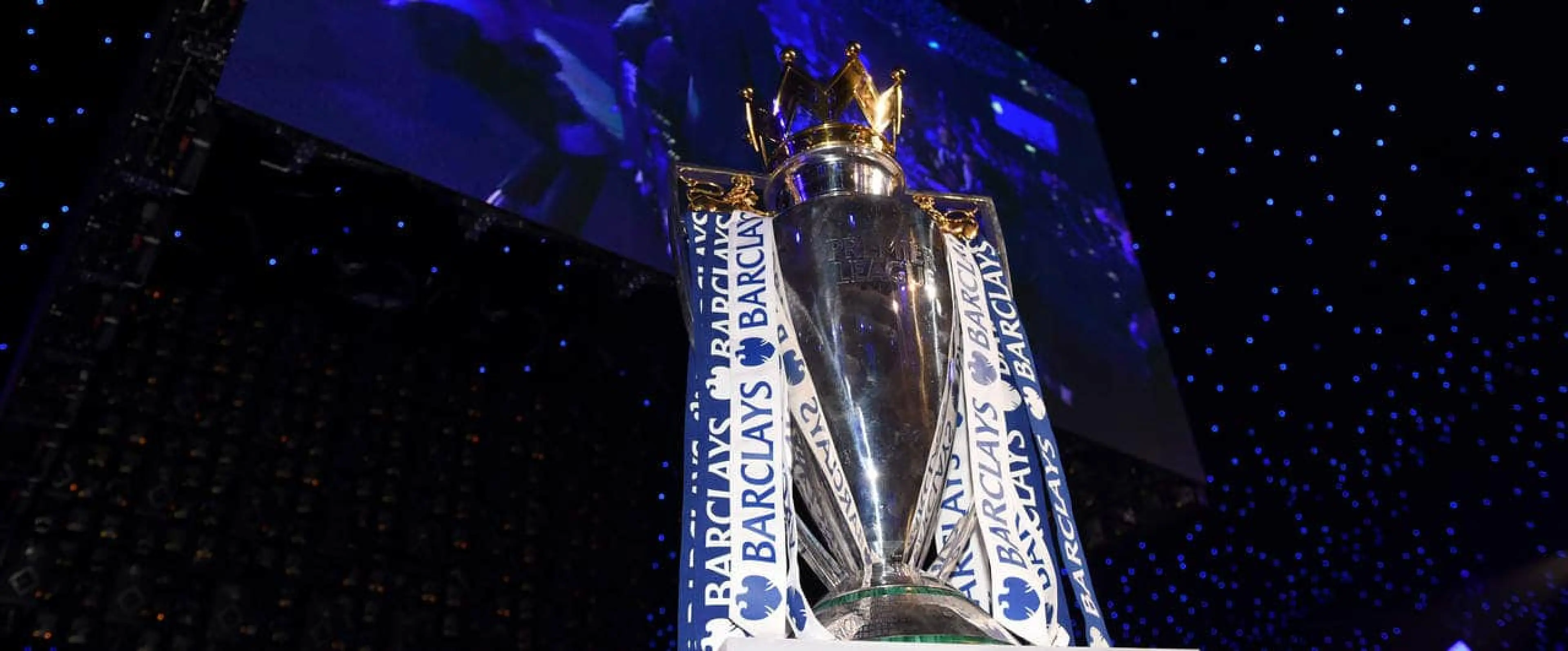 The Barclays Premier League trophy on a plinth on stage