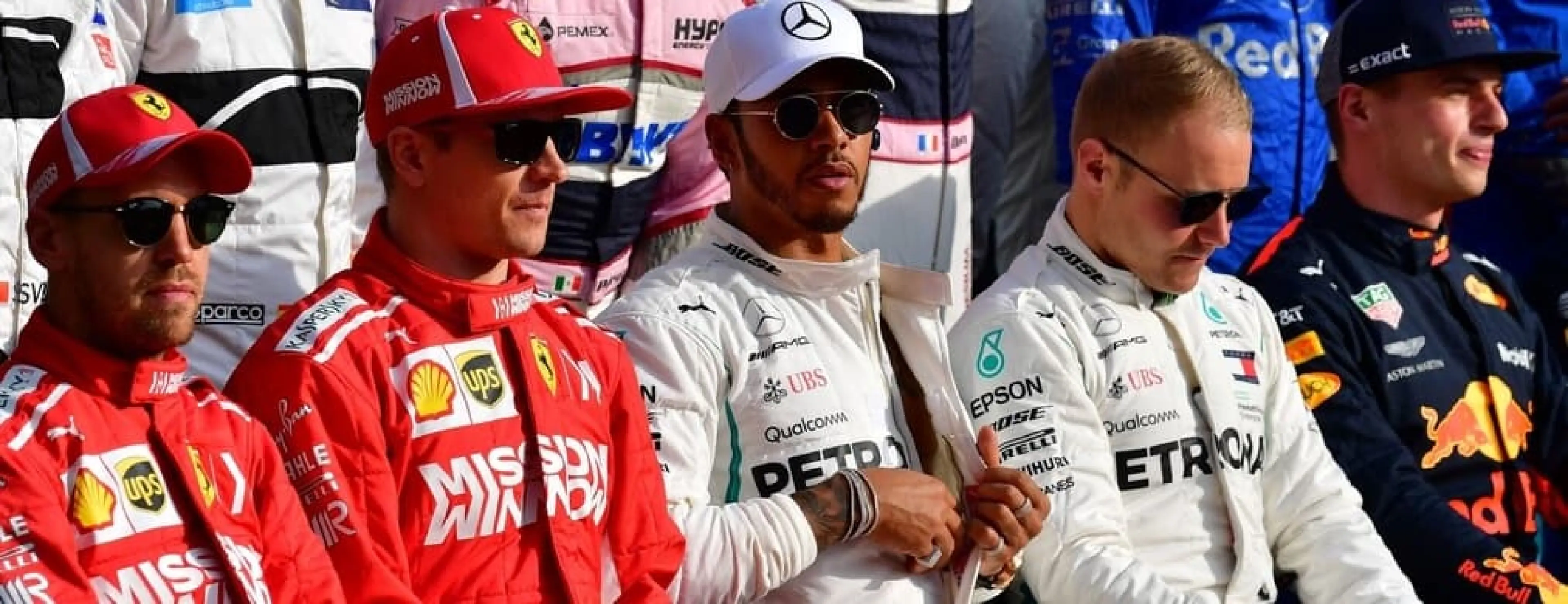 Ferrari's German driver Sebastian Vettel, Ferrari's Finnish driver Kimi Raikkonen, Mercedes' British driver Lewis Hamilton, Mercedes' Finnish driver Valtteri Bottas, Red Bull's Dutch driver Max Verstappen,
