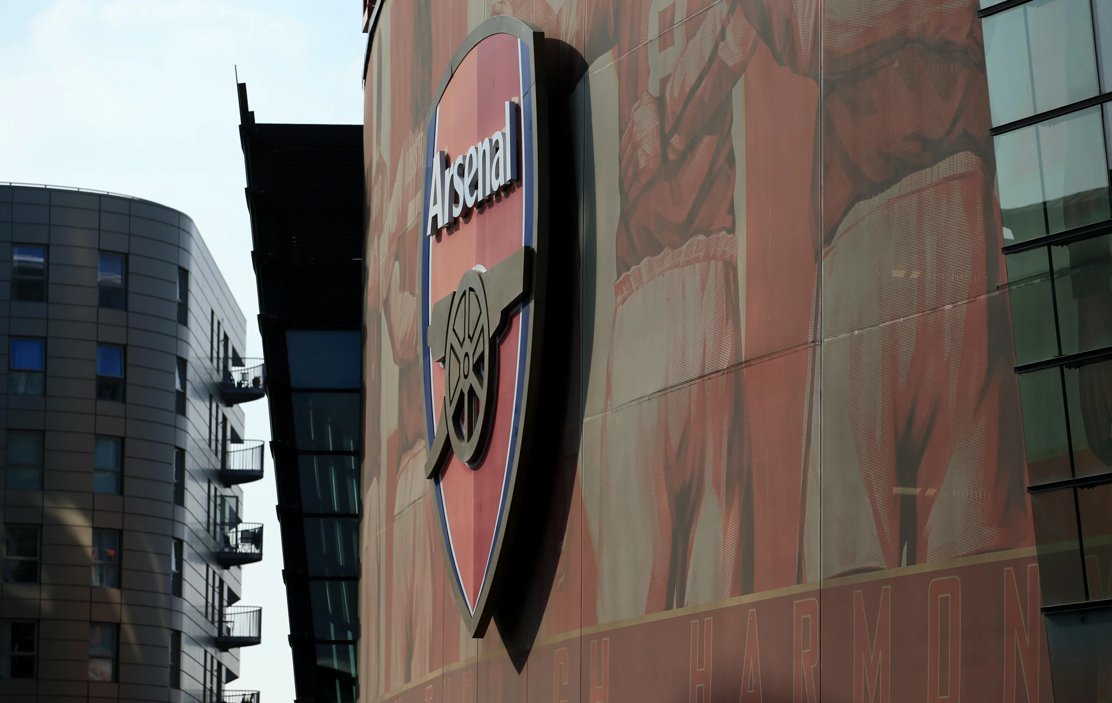 Barclays Premier League - Arsenal v Manchester United - Emirates Stadium. An Arsenal badge on the Emirates stadium - Image ID: G8BKW4