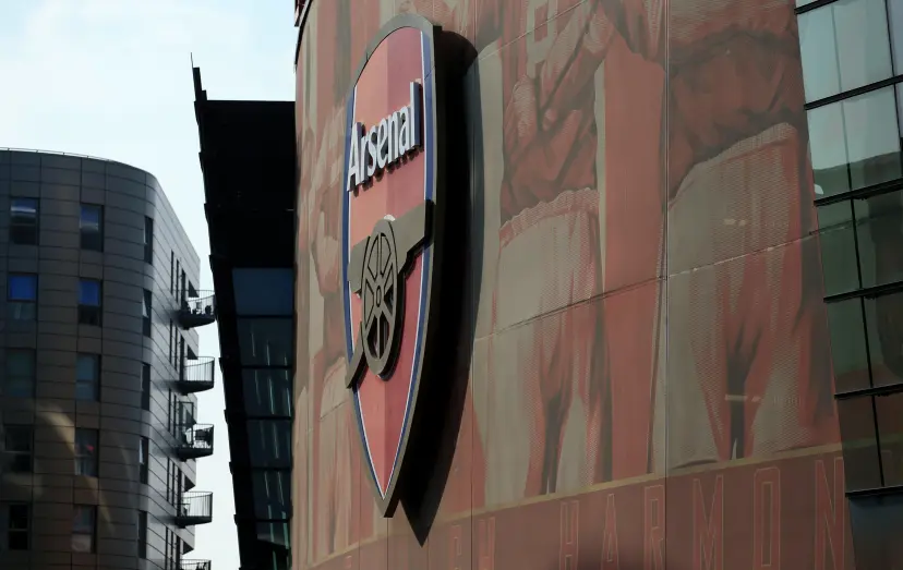 Barclays Premier League - Arsenal v Manchester United - Emirates Stadium. An Arsenal badge on the Emirates stadium - Image ID: G8BKW4