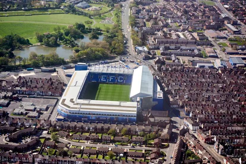 An aerial view of Goodison Park, Liverpool, home of Everton FC, Merseyside, UK
