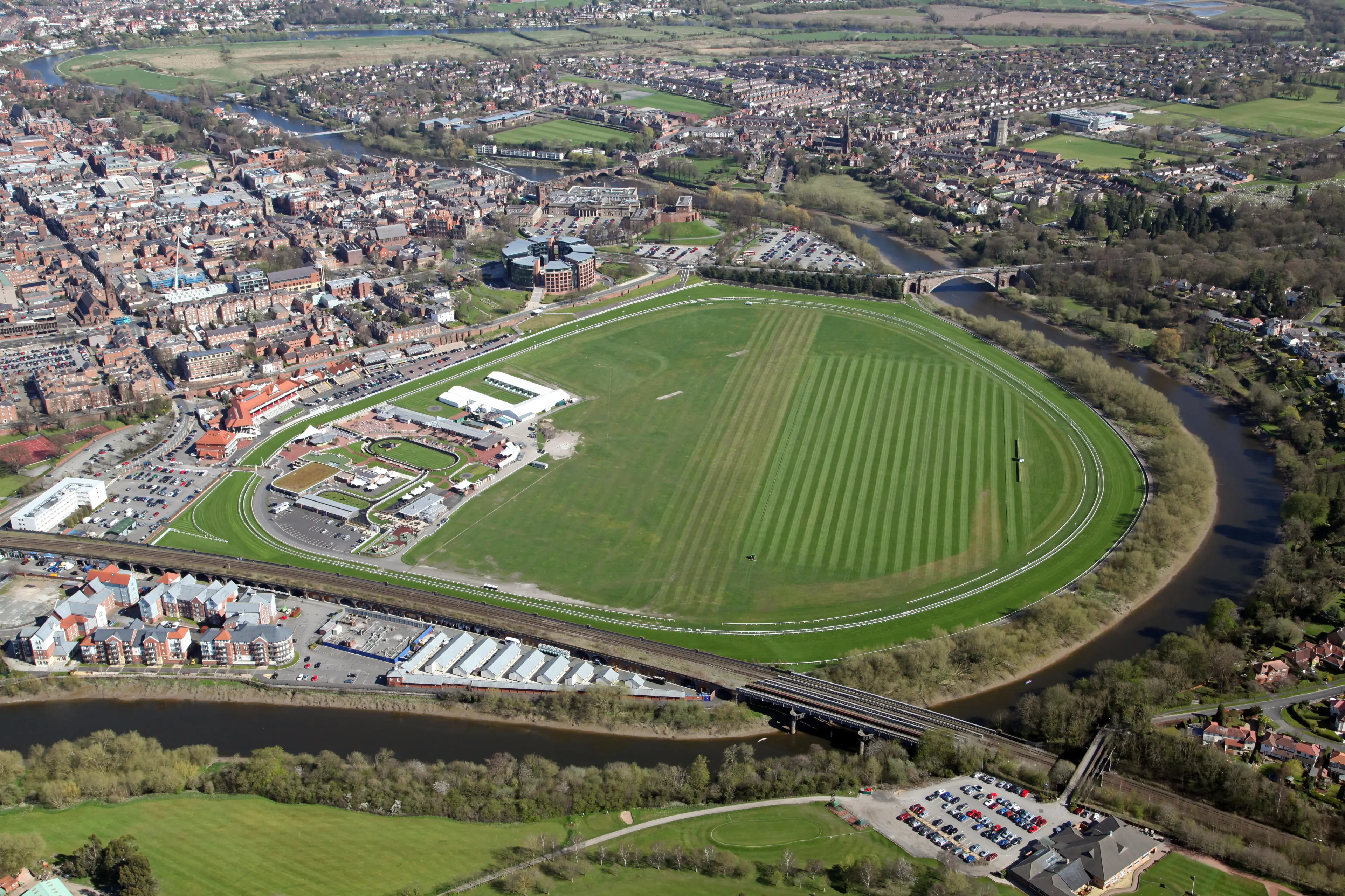 aerial view of Chester Racecourse, known as the Roodee in Cheshire, UK