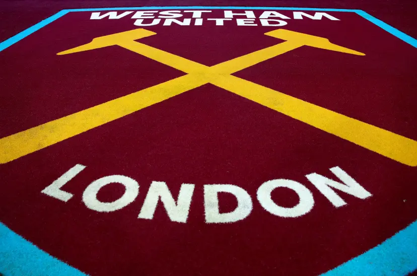 General view of the West Ham logo ahead of the Premier League match at London Stadium