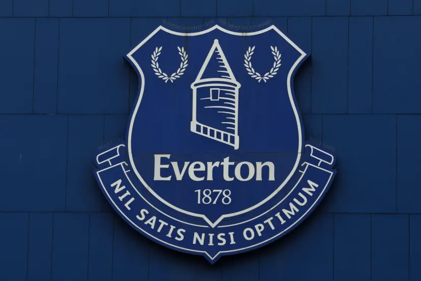 The Everton badge on the side of a stand at Goodison Park during the Premier League match Everton vs Chelsea at Goodison Park